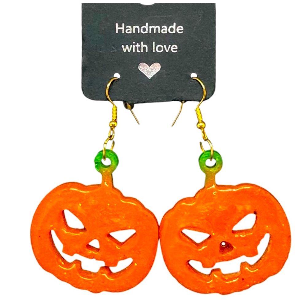 Handcrafted Halloween Jewelry Sparkly Orange Pierced Dangle Pumpkin Earr…